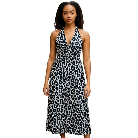 NWT ASOS Bohemian Leopard Print Blue Halter Maxi SunDress Vaca Beach Size 14 - Picture 1 of 11